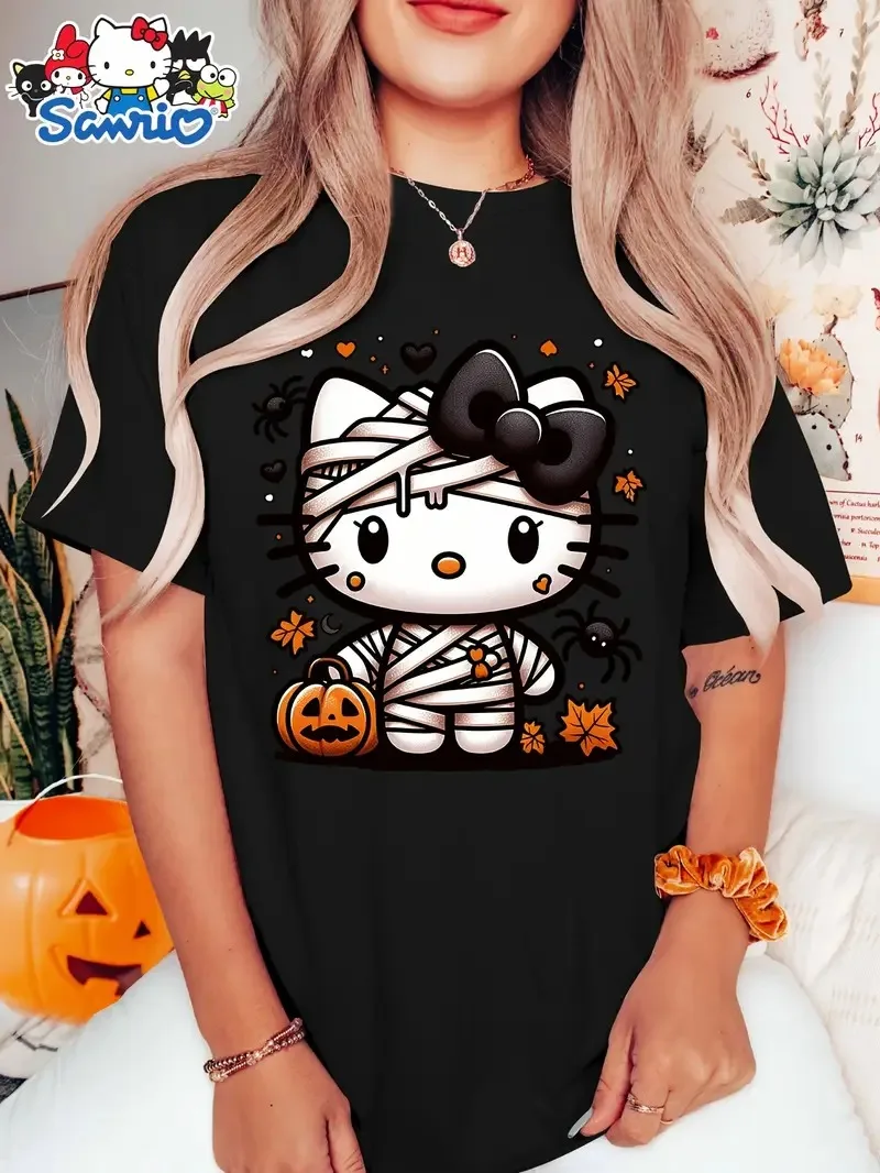 

Hello Kitty Sanrio Halloween Cotton Tee Charming Mummy Kitty with Pumpkin Spider and Autumn Elements Prin New Arrival Tee S-4XL