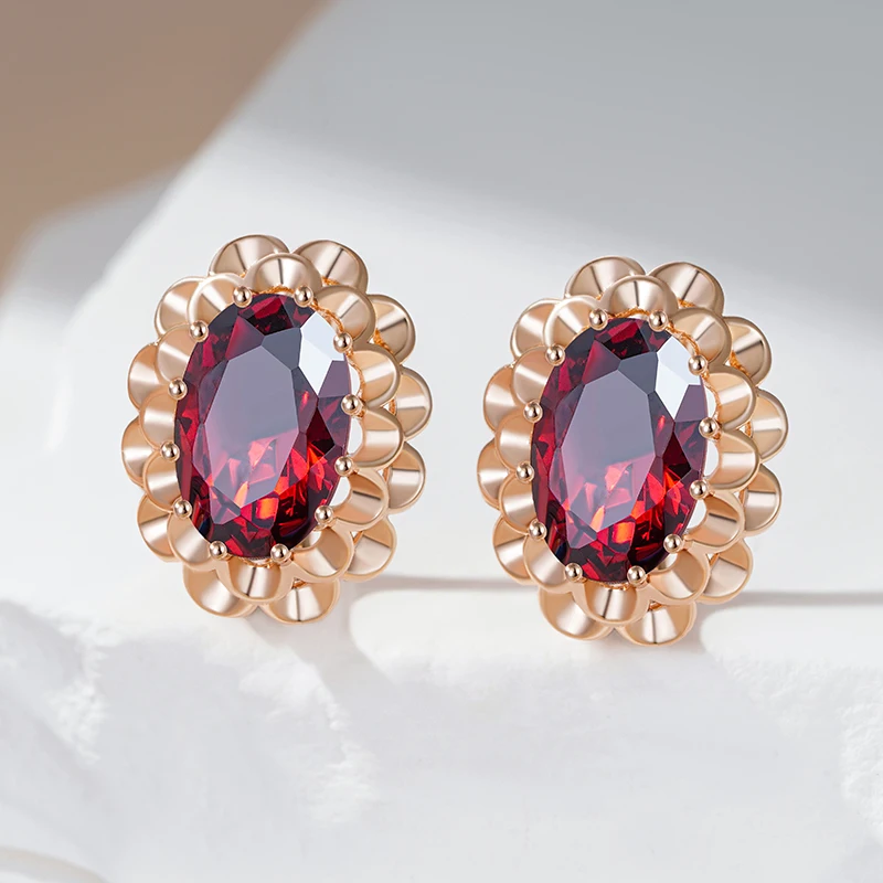 Bohemian Vintage Oval Large Red Zircon Earrings 585 Golden Women Light Luxury Jewelry Fashion Party Wedding Accessories