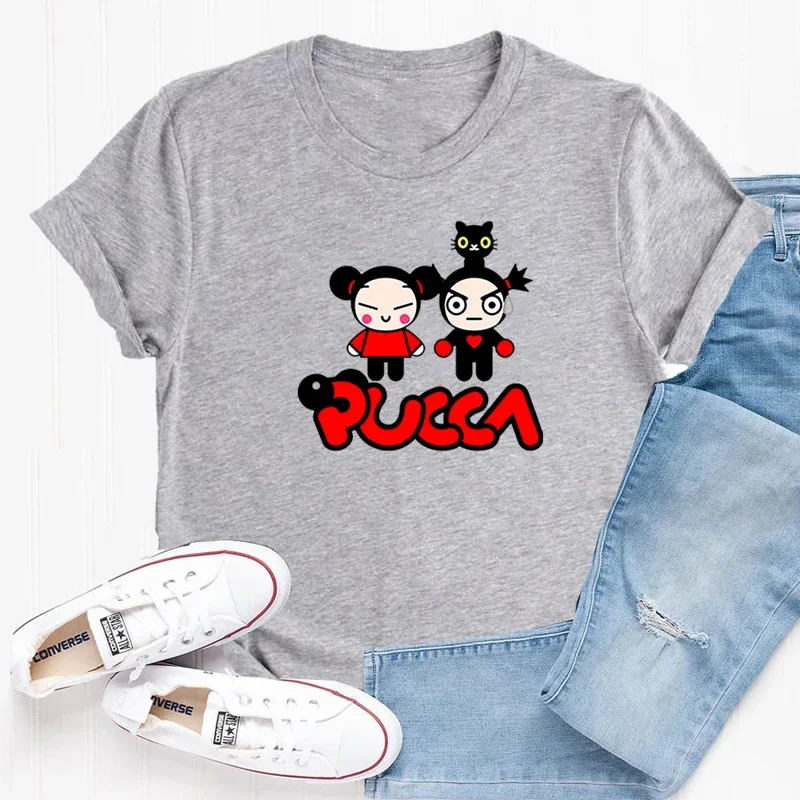Pucca i Garu słodka miłość kot T Shirt kobiety bawełniana z krótkim rękawem t-shirt z nadrukiem zabawna kreskówka z grafiką odzież damska