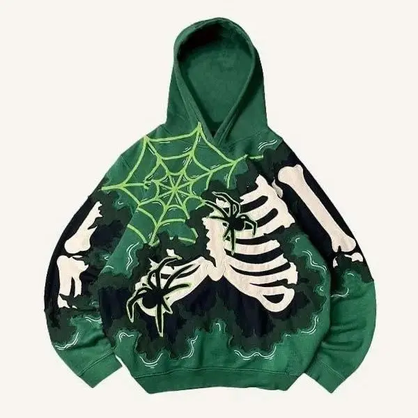 Trendy American Ins Youth Trend Flame Skeleton 3d Printed Velvet Sweatshirt Boys Y2K Street Hip-hop Trend Pullover Hoodie Tops