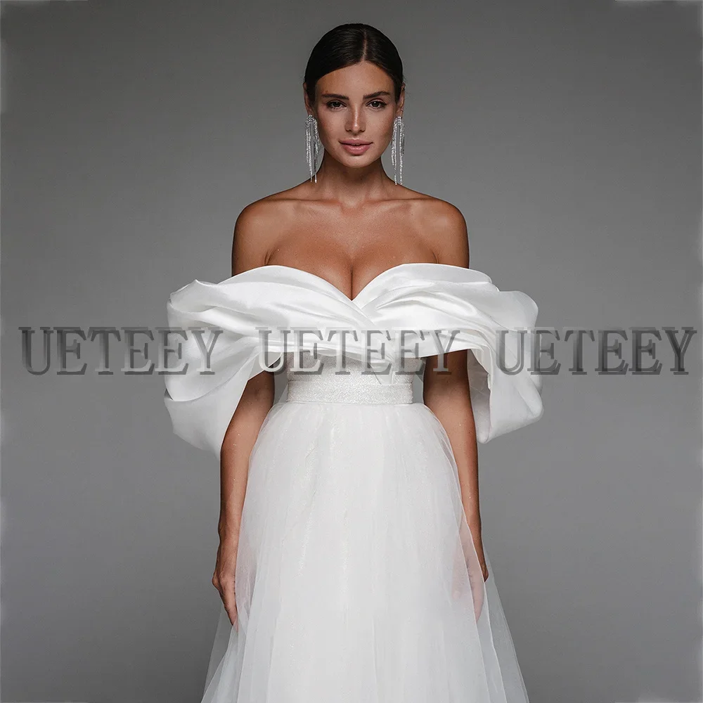 Vestido de novia personalizado con hombros descubiertos, vestidos de fiesta de boda de manga corta de satén, vestido de fiesta largo elegante para mujer con cordones en la espalda