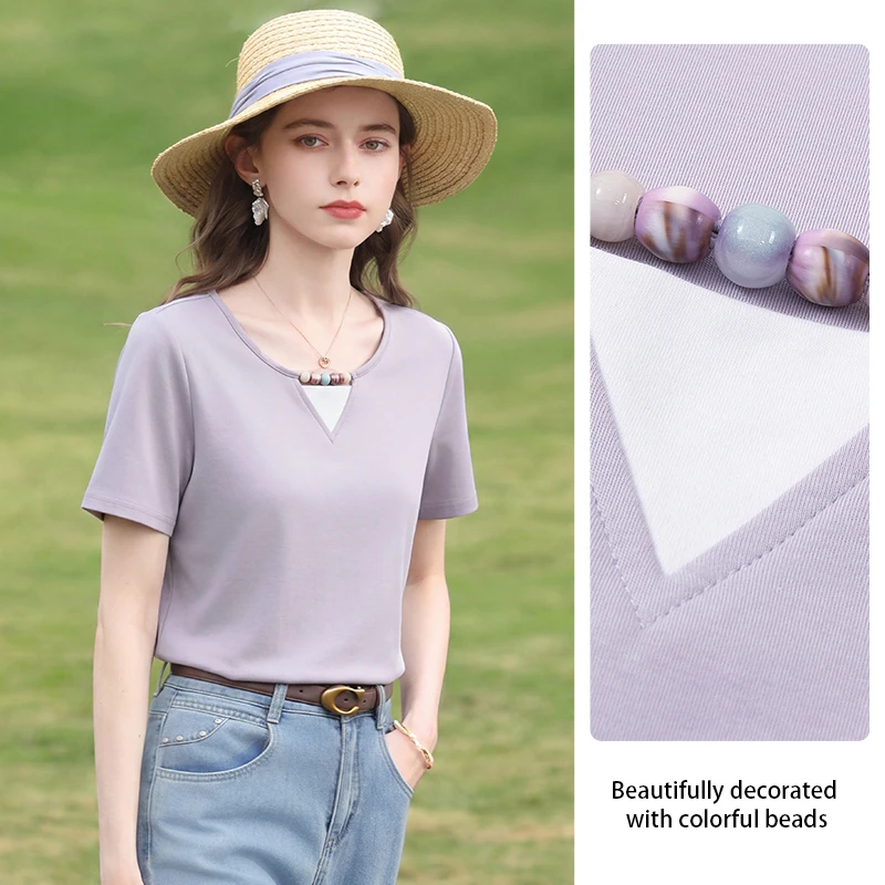 I BELIEVE YOU Purple Double-sided Cloud Cotton T-Shirt Summer Beaded Fake Two Piece Short Sleeve Elegant Casual Top 2262016467