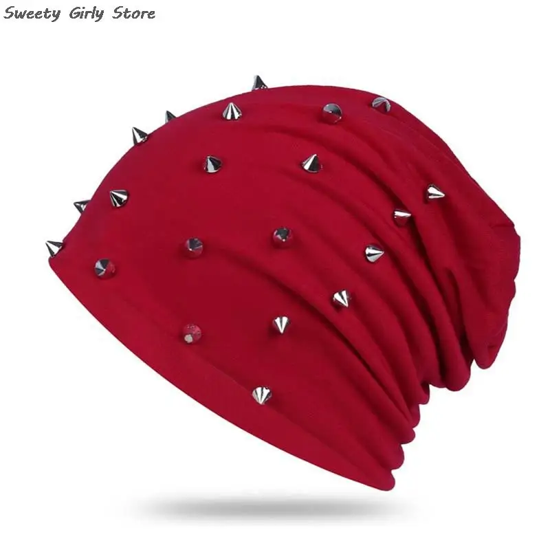 Women Rivet Beanies Hats Rock Punk Bonnet Hat Comfortable Slouchy Skullies Hat Female Baggy Cap Street Fashion Casual Gorras 