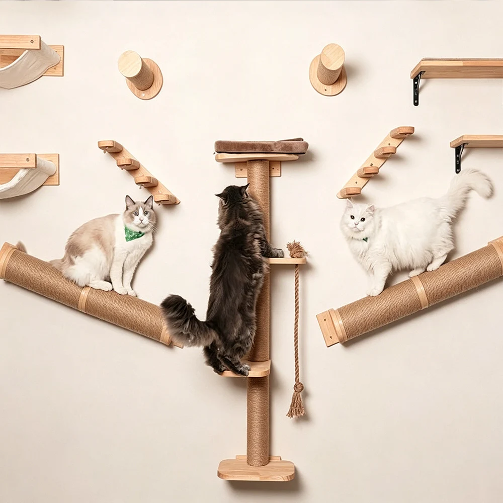 Katzen-Kratzbaum Wandkletterregale Hängematte Holz Sisal Katzenbaum Kratzturm für Hauskatzen Haustiermöbel und -betten – Detail 1