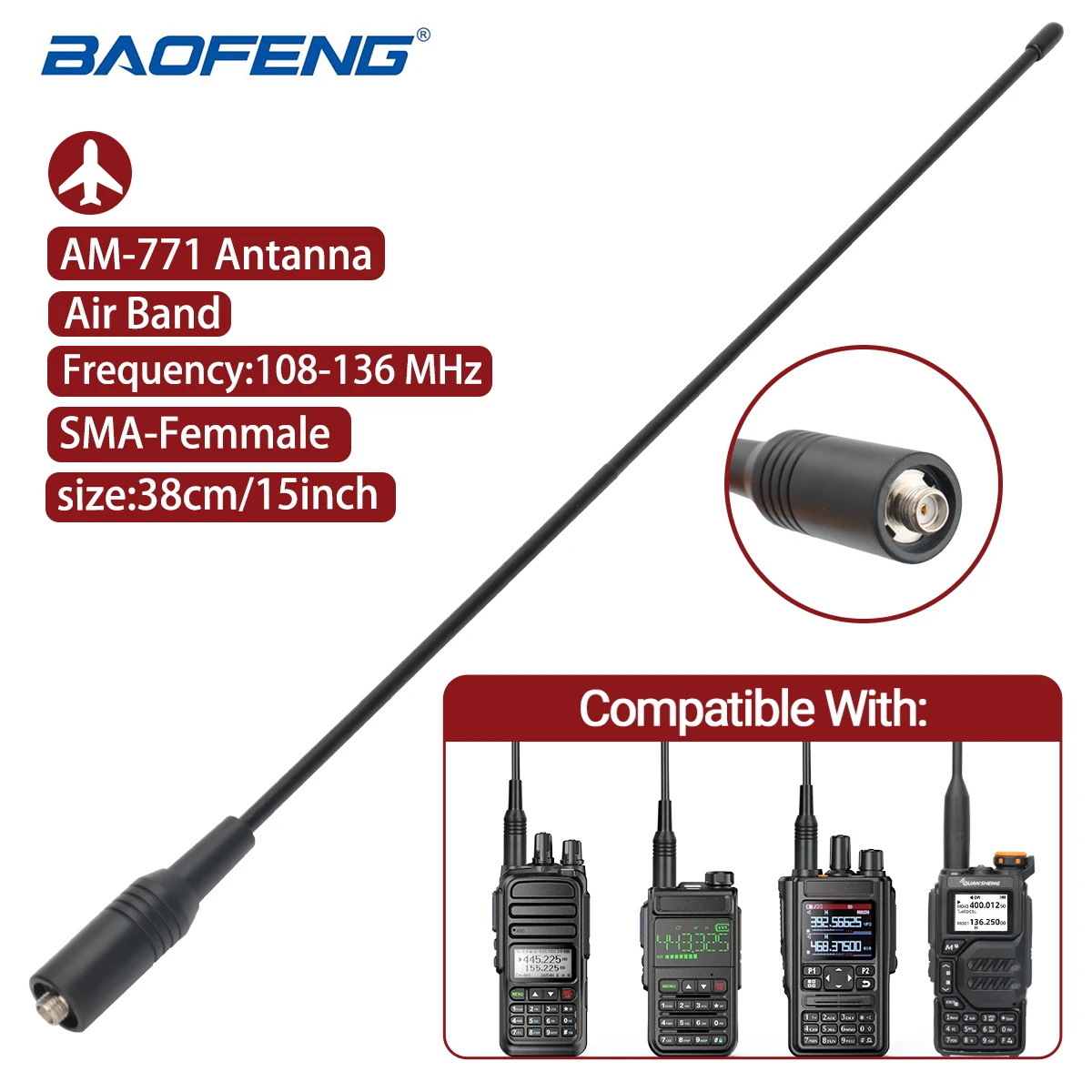 Walkie Talkie AM-771 Air Band Antenna 108-136Mhz SMA-Female Antenna for Quansheng UVK5 UVK6 UV5R Plus Baofeng UVK5M Ham Radio