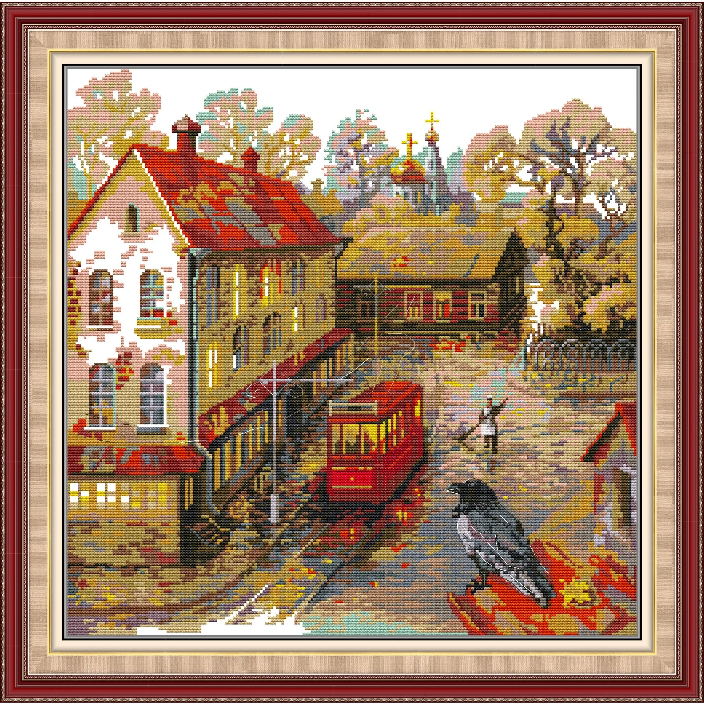 News Pre-Printed Cross Stitch Kit, Stamped Aida Fabric With DMC Threads, Embroidery Kit - Tram Platform In The Rain