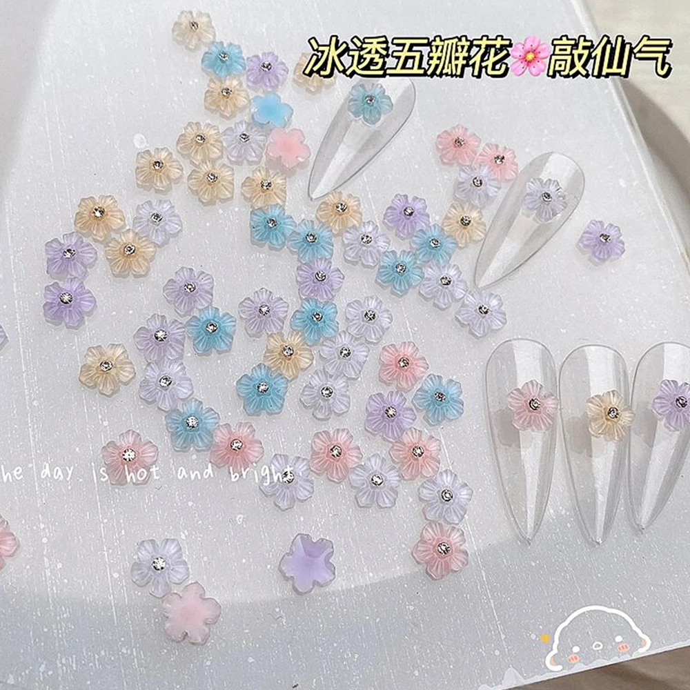 1Pack Translucent Colorful Acrylic Flower Nail Charms,Golden Sliver Metal Caviar Ball Bead,Summer Decals nail Decor DIY Manicure