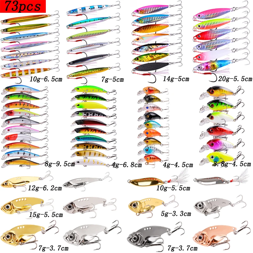 73pcs Multi Fishing Lures Set Wobblers Mixed Colors Metal Lure Kit Hard Bait Minnow Metal Jig Spoon Crankbait Fishing Tackle