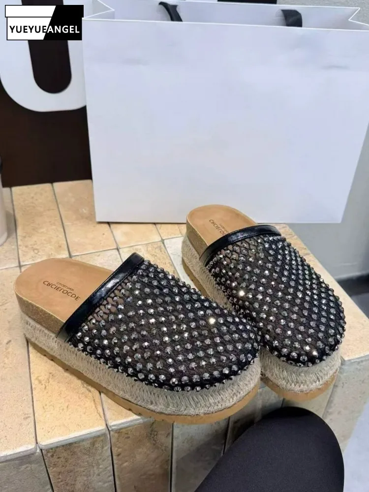 Fashion Female Summer Diamond Slippers Thick Soled Height Increasing Close Toe Slides Shoes Sping New Casual Slip-on Footwear
