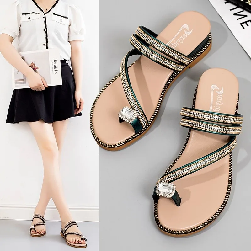 Summer Fashion Outside Wearing Women Two Wear Sandals Korean Version Flat Pearl Rhinestone Slippers Woman