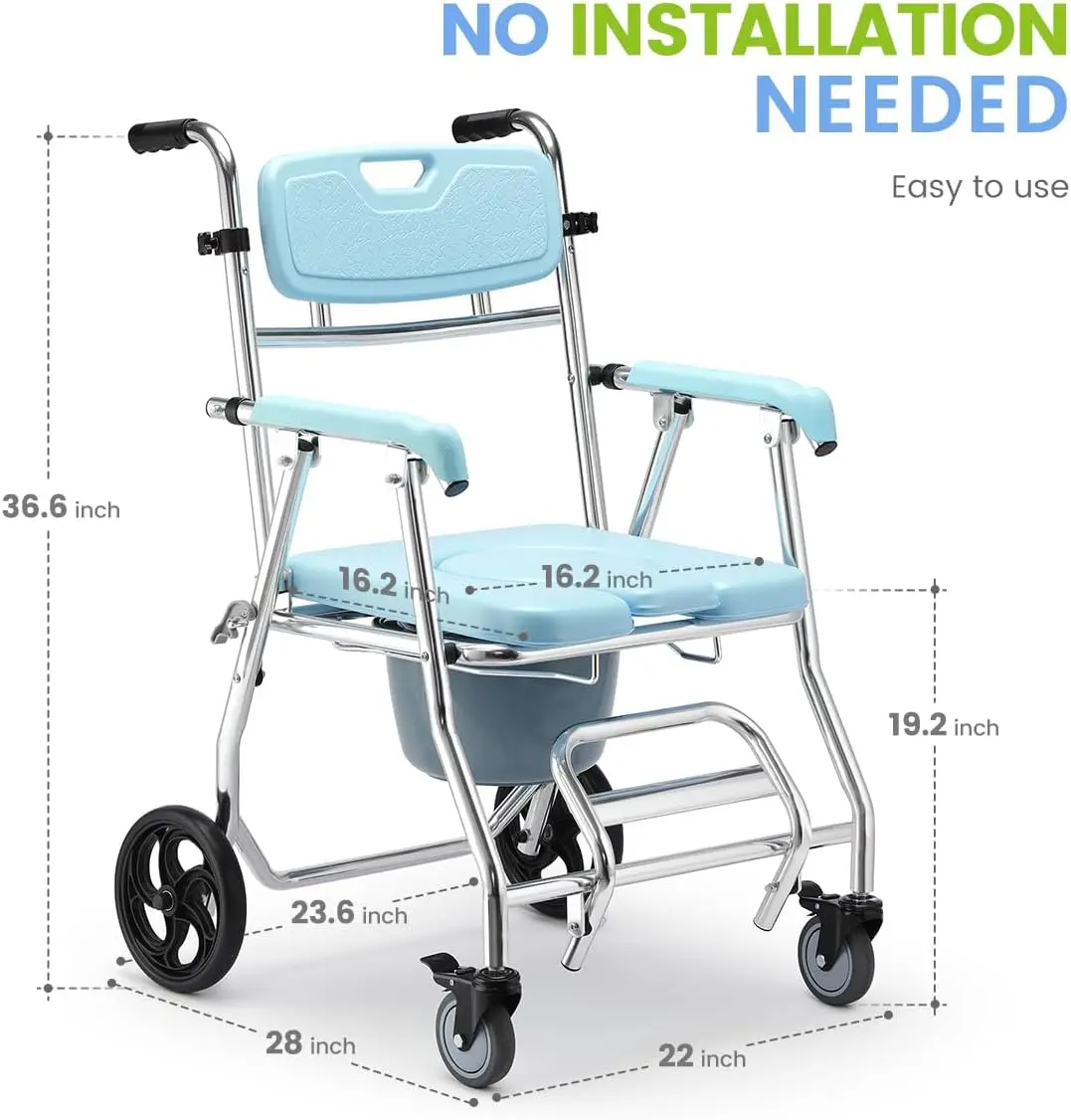 Folding Shower Commode Wheelchair - 300lbs Bedside Commode with Padded Seat, Waterproof Rolling Shower Chair with Arms