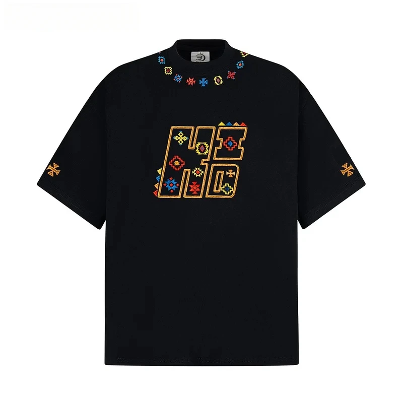

【Mirrordust】Футболка с короткими рукавами и геометрической вышивкой, мужская летняя свободная хлопковая футболка с круглым вырезом и половиной рукава для мужчин