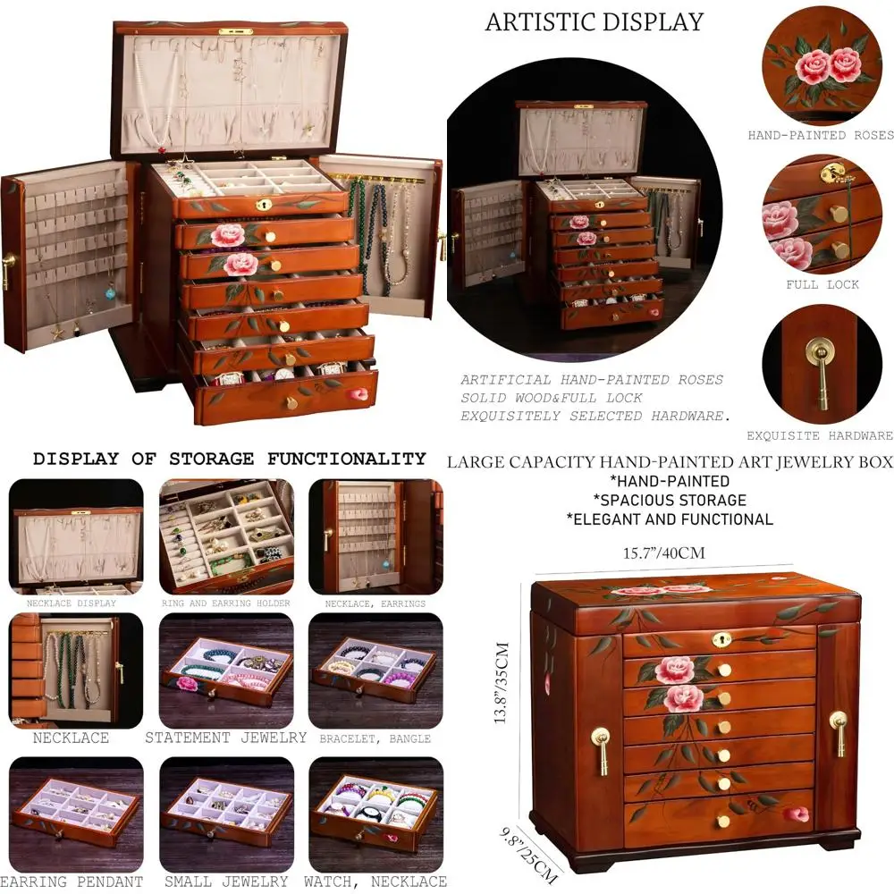 

Handcrafted Wooden Jewelry Box for Women with Necklace Hanger and 10-Layer Organizer