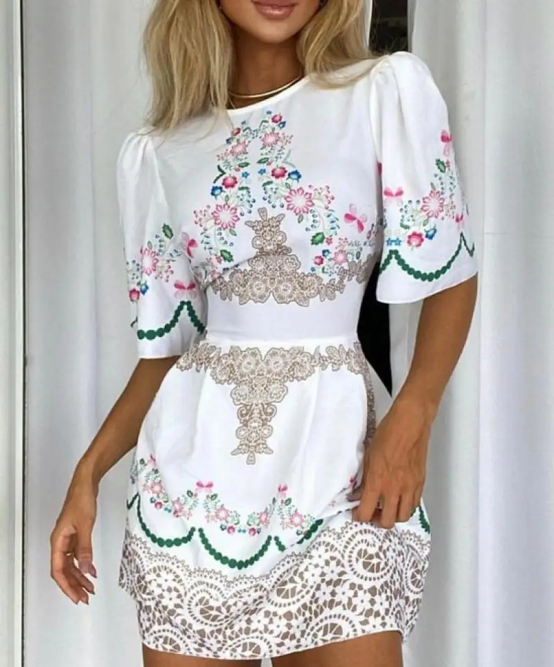 Elegant Women\'s Dress 2024 Summer Women\'s Short Skirt Retro Tribal Printed Bubble Short Sleeve Lace Hollow High Waist Midi Dress