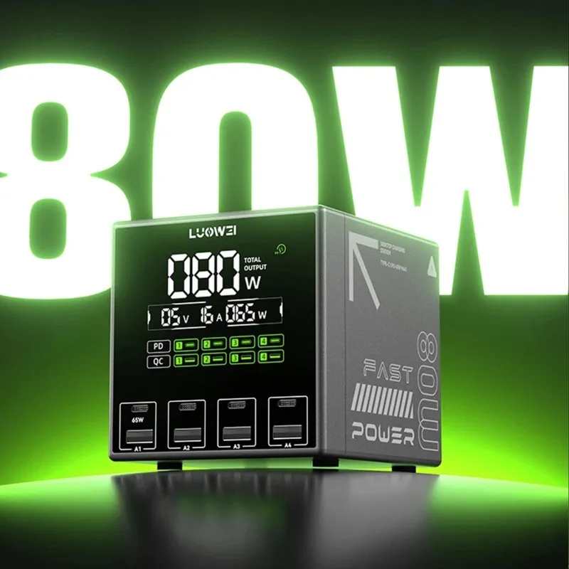 【STABLE QUALITY】LUOWEI Desktop Charging Station U1S 80W USB-A Type-C Support Fast Charging Protocols Current Voltage Power Displ