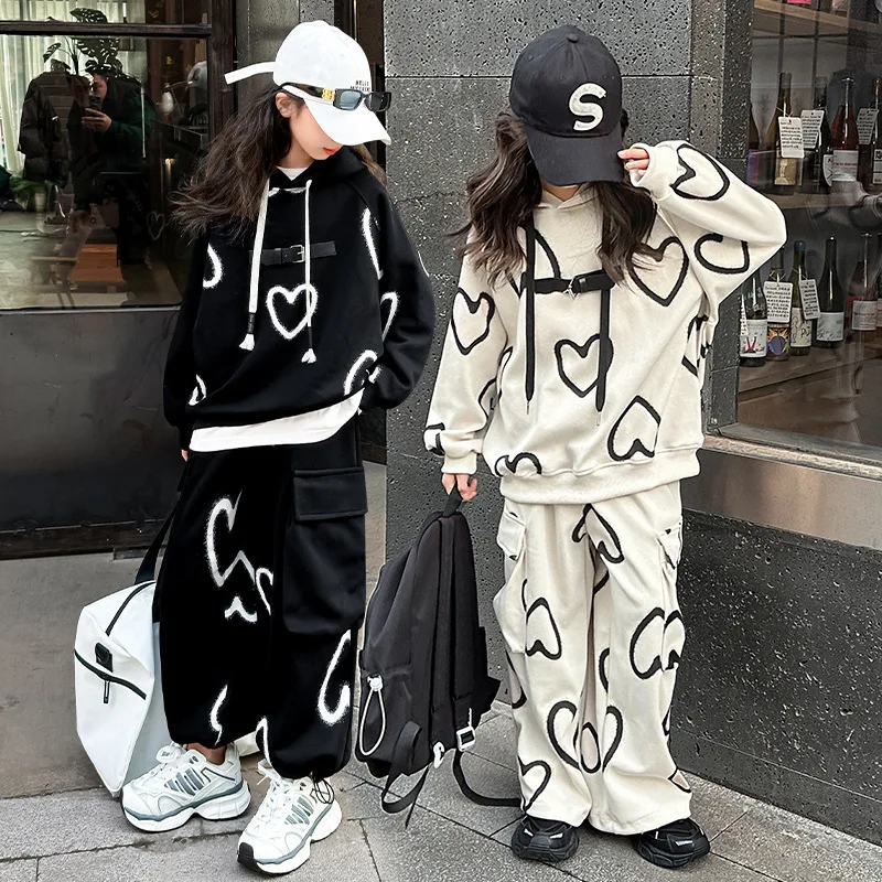 2024 autumn winter teenager kids girl Children set Clothes heart loose Hooded tracksuit + Casual pants 5 6 7 8 9 10 11 12 Year