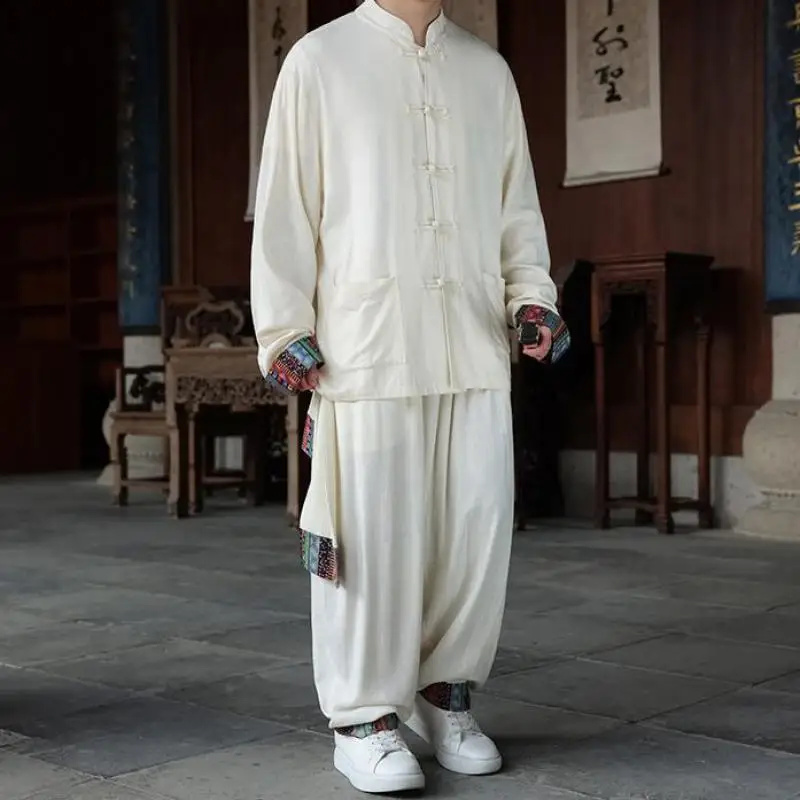 Men's Tang Suit Two Piece Set Chinese Style Frog Button Cotton Linen Shirt Pants Loose Martial Arts Tai Chi Costume 2026 Clothes