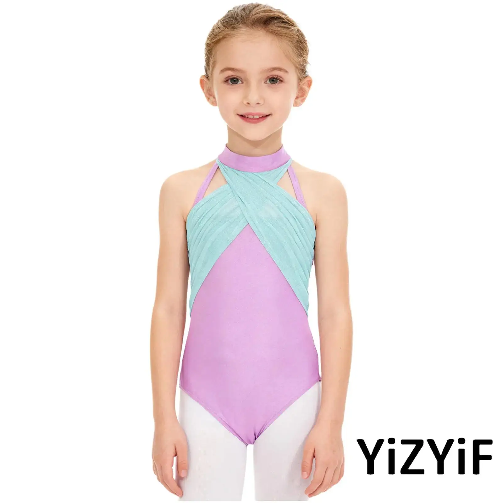 

Kids Girls Gymnastics Ballet Dance Leotard Cross Ruched Mock Neck Sleeveless Lace Mesh Patchwork Figure Ice Skaitng Bodysuit