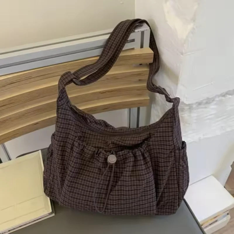 

Women Checkered Sling Bag Nylon Pleated Cloud Shoulder Bag Large Capacity Commuter Crossbody Bag Fashion Plaid Shopping Tote Bag