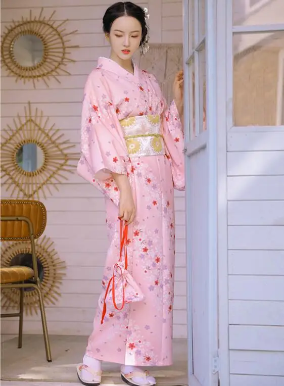 Japanese Kimono Pink Young Girl Robe Spring Festival Dress Cherry Blossoms Restaurant 140CM Tradition Gown