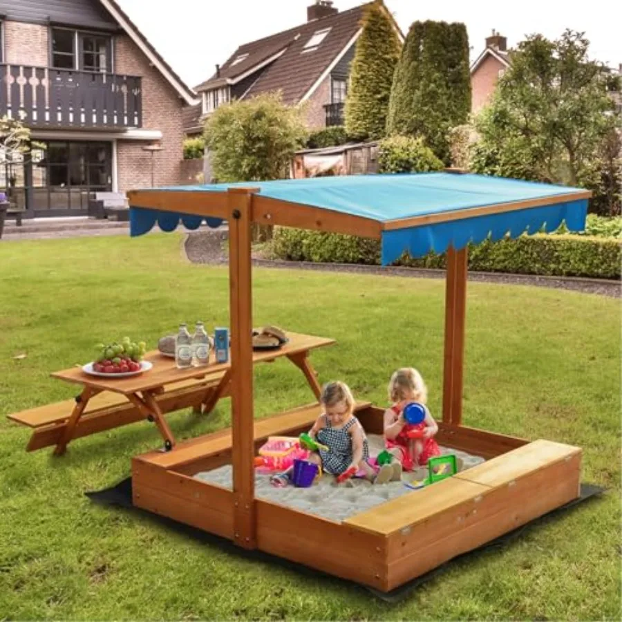 Backyard outdoor kids wooden sandbox with picnic table and storage boxes, natural wood color, foldable bench seats, lid, retrac