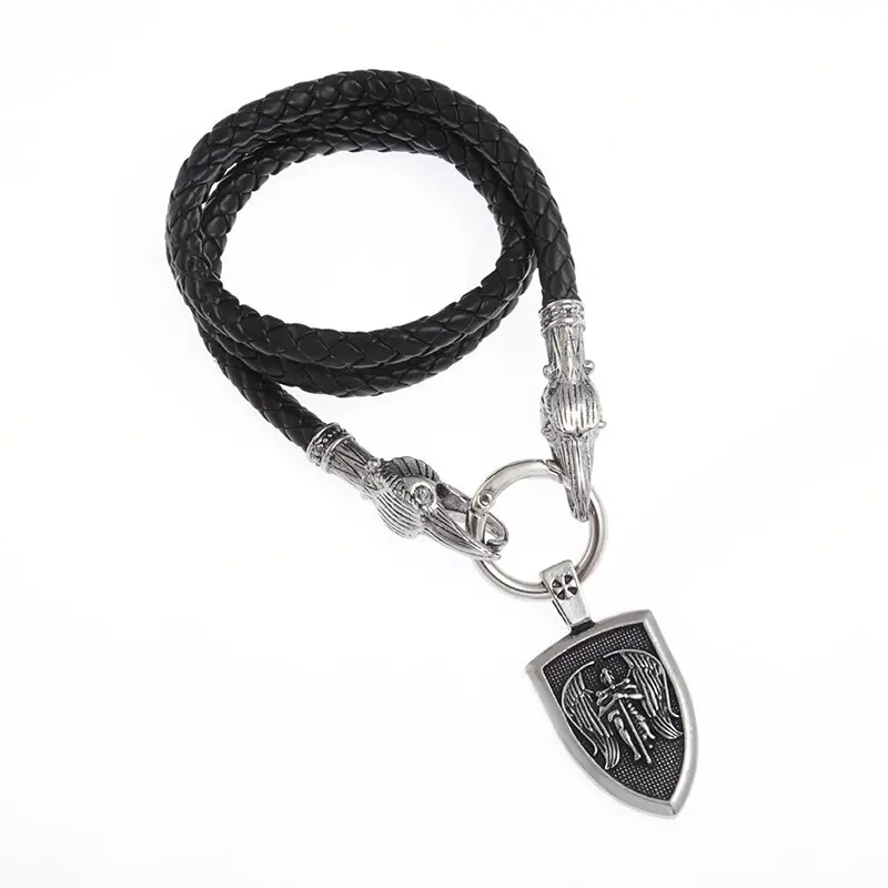 Classic Mythological Style Archangel Saint Michael Amulet Metal Saint Shield Pendant Necklace Men\'s Charm Leather Chain Jewelry