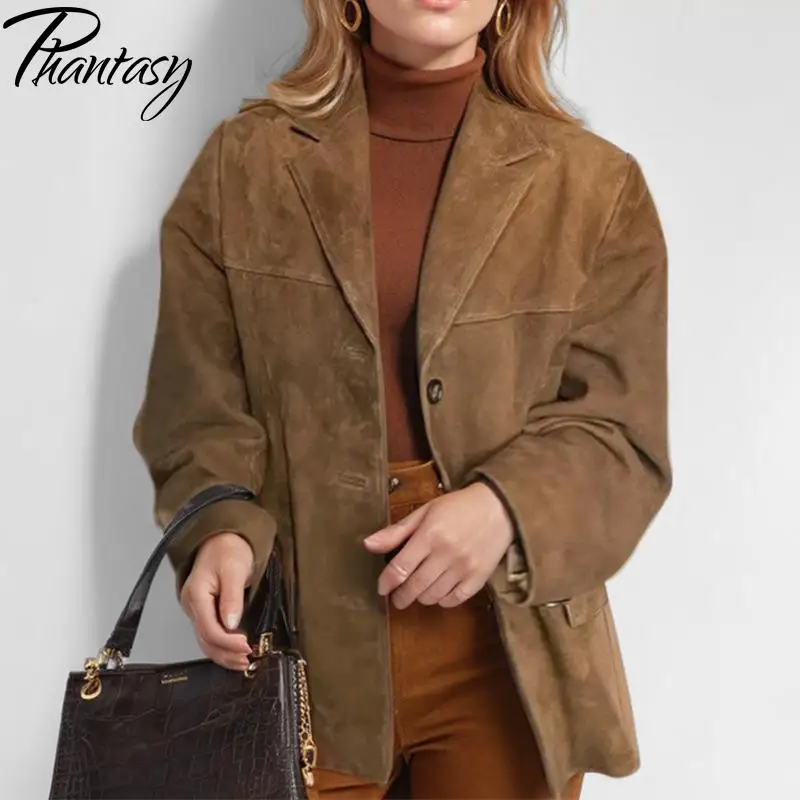 

Phantasy Women Jacket Brown Elegant Vintage Single Breasted Coat Fashion Long Sleeves Pocket Jacket Autumn Commuting Outerwear