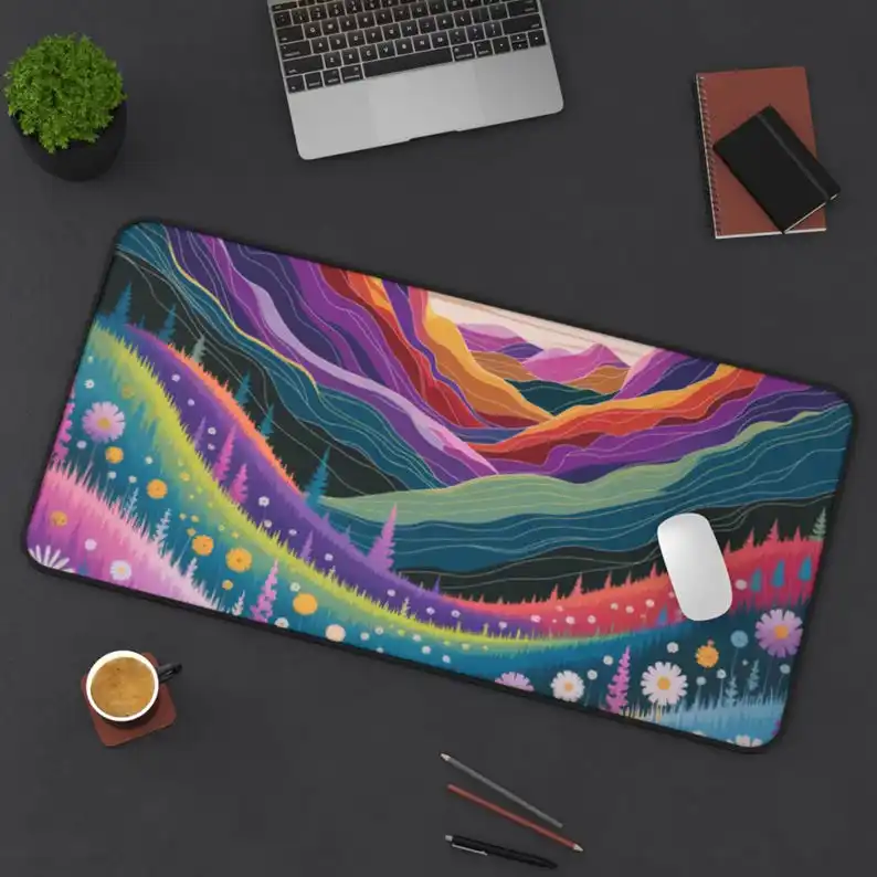 

Colorful Mountain Scenery Deskmat, A Boon for Nature Lovers, A Vibrant Artistic Desk Mat or Office Gift Kawaii Desk Pad Mousepad