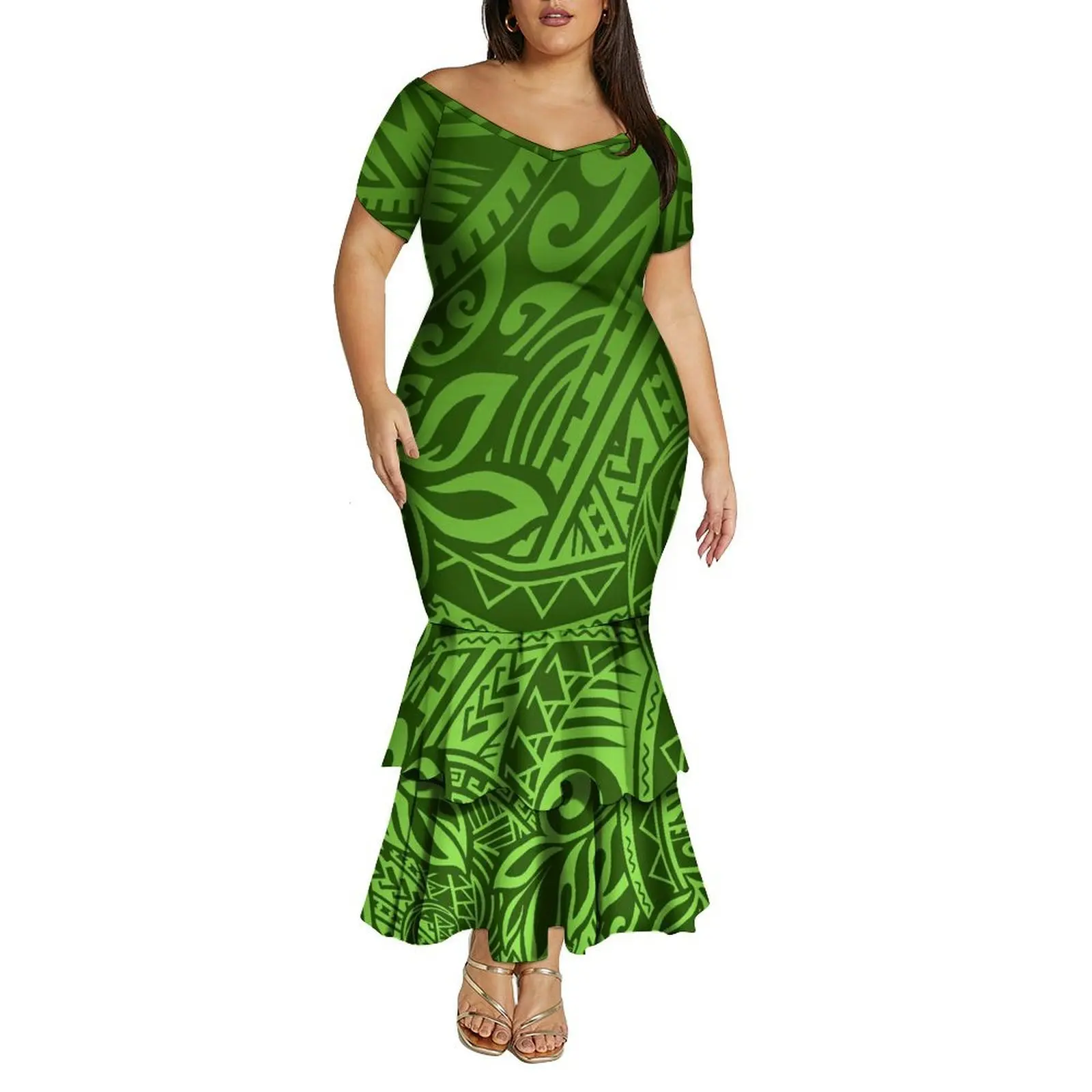 Vestido rabo de peixe de camada dupla equipado com um grande decote em V e ombro de fora vestido de festa e festival personalizado polinésio