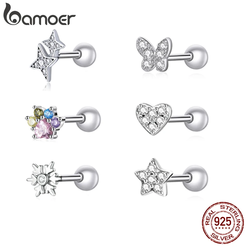 Bamoer 925 Sterling Silver Brilliant Star Earrings for Women Tiny Butterfly Stud Earrings Snowflake Girl Ear Studs Fine Jewelry