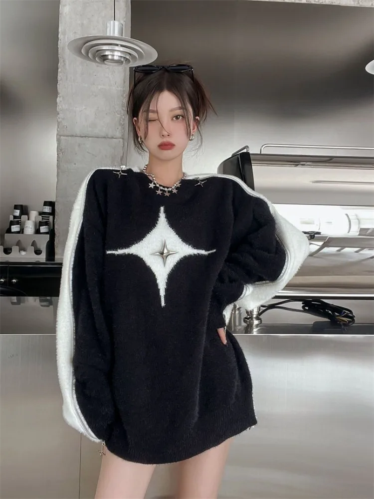 Y2k maglione estetico con spalle scoperte donna Gothic Fashion Streetwear Black Patchwork Star Jumper Harajuku maglieria