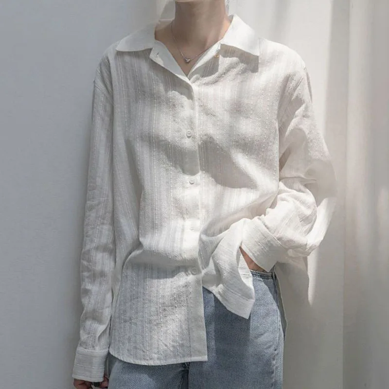 Xpqbb Spring Summer Women White Shirts Korean All-Match Long Sleeve Lapel Blouses Ladies Casual Loose Single-Breasted Shirt Tops