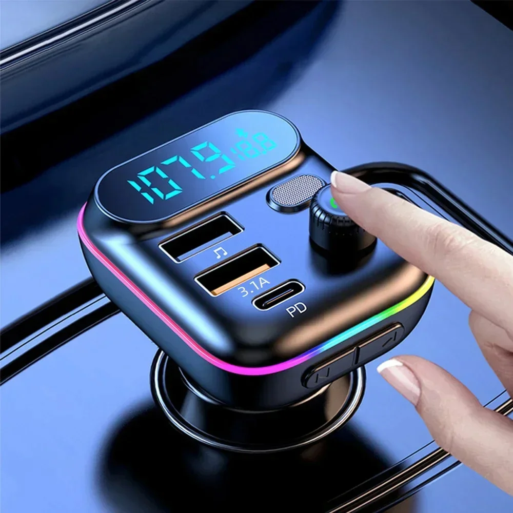 Bluetooth 5.0 FM Transmitter Dual Player Music Type-C Colorful Ambient MP3 Light Cigarette Lighter Car PD 18W QC3.0 Fast Charge