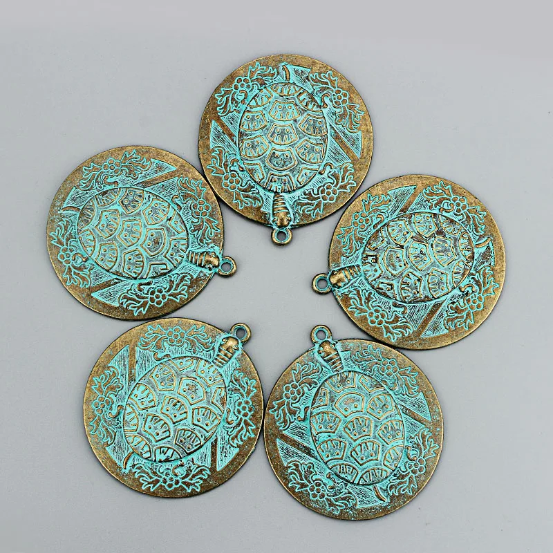 2Pcs Verdigris Patina Large Round Carved Tortoise Turtle Charms Pendant Medallion For DIY Necklace Jewelry Making 49x49mm