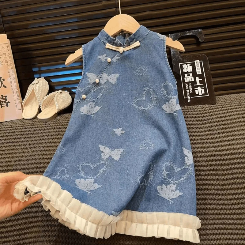 Saia de colete de malha estilo chinês infantil, vestido de bebê, vestido infantil pequeno e velho, novo produto, verão, 2024