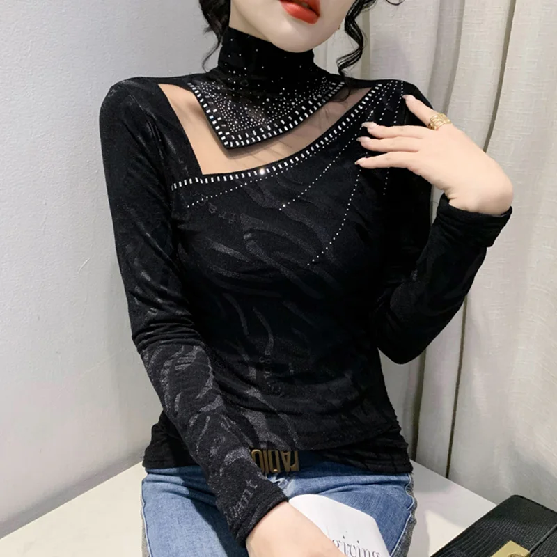 Spring 2024 New Women\'s T-Shirt Fashion Sexy Hollow Out Hot Drilling Long Sleeved Turtleneck Mesh Tops Blusas