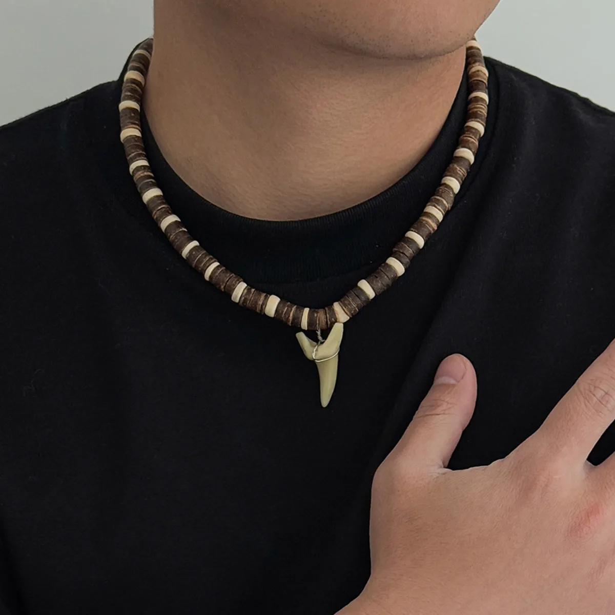KunJoe Vintage Coconut Husk Beaded Choker Clavicle Chain for Men Punk Shark Tooth Pendant Necklace 2026 Trendy Male Neck Jewelry