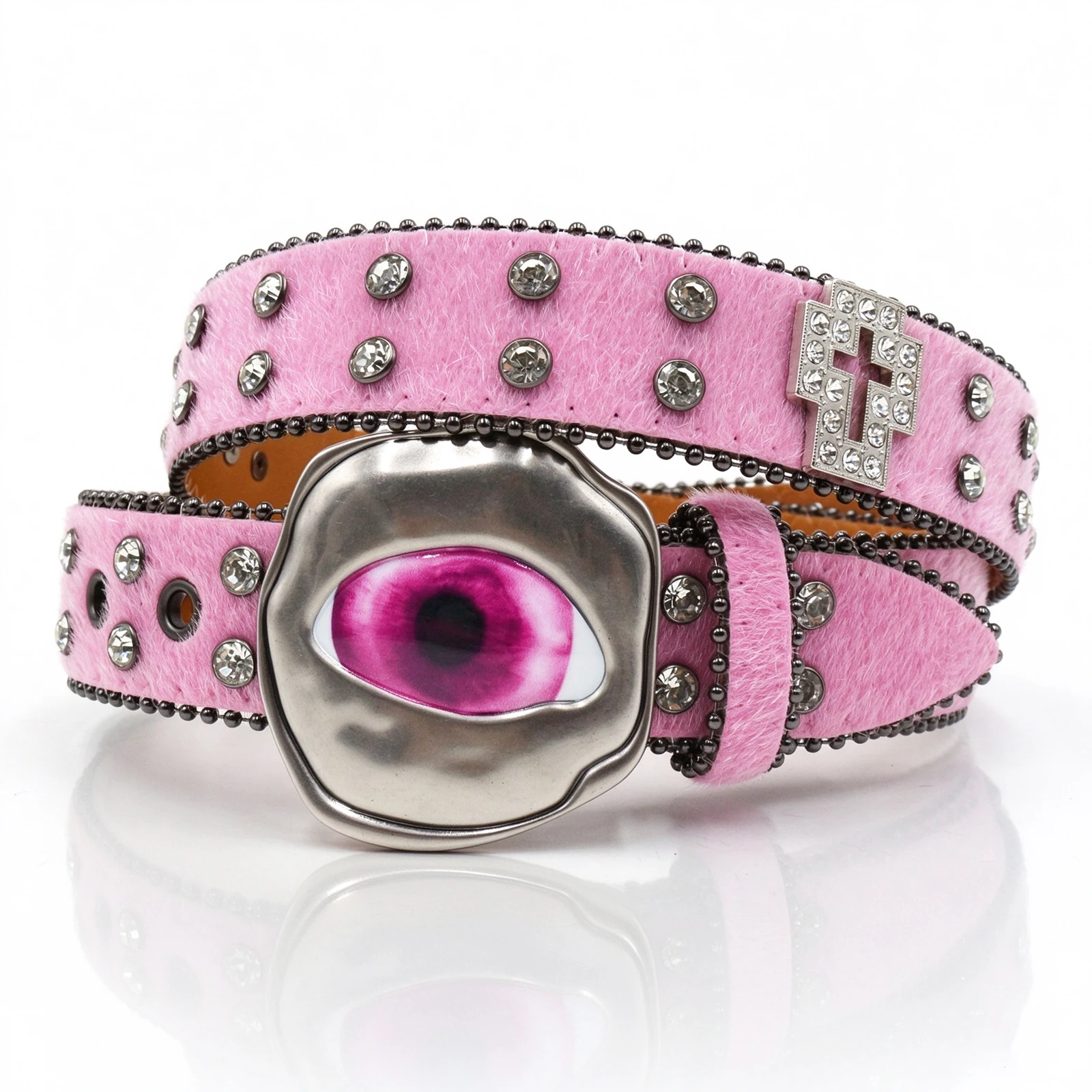 Y2K Streetwear Rhinestone Cross Horse Fur Belt Realistic Eye Buckle Rivet Studded Waist Belt For Jeans Skirt