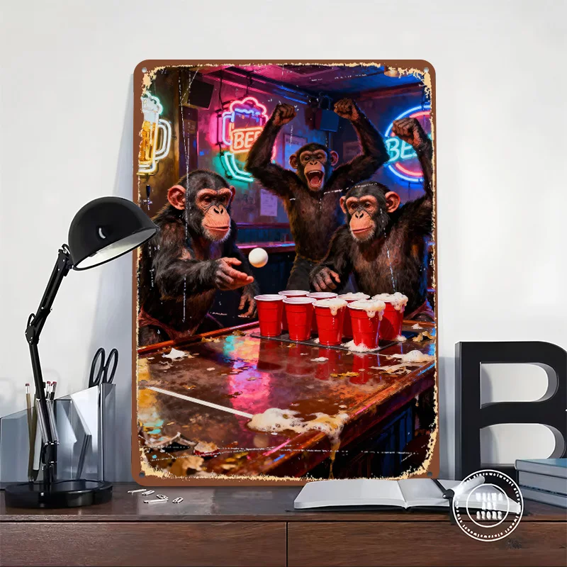 Chimpanzees Playing Beer Pong in a Bar Tinplate Poster Customized Wall Art Vintage Metal Signs Retro Tin Plaque for House Home