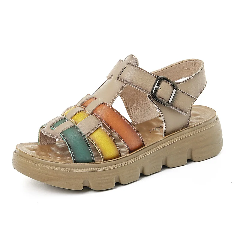 Summer Ladies Sandals Breathable Female Retro Platform Sandals Women's Fashion Flats Shoes 2023 New Woman Leather Hole Shoes