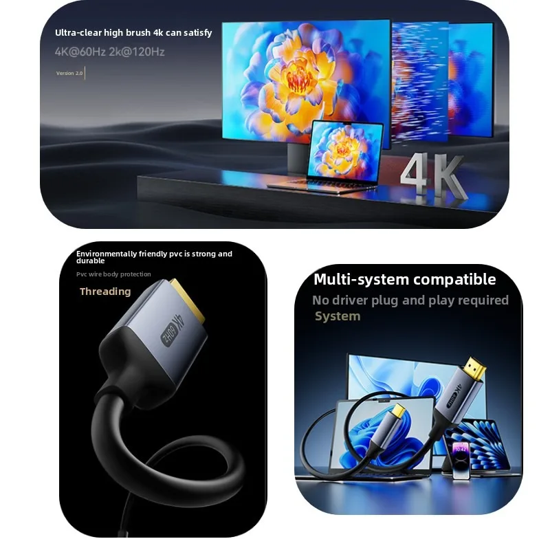 Type C to HDMI-Compatible HDTV Cable4K@30Hz 4K@60Hz USB C to HDMI Cable for Air iPad TV Converter MacBook USB-C HDMI Adapter