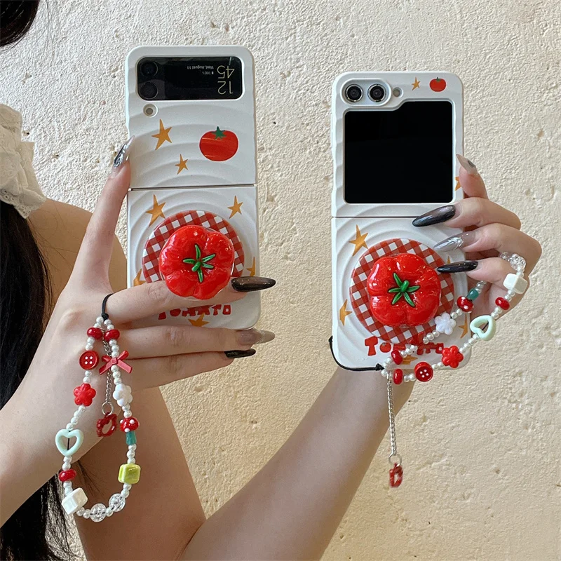 Kawaii Tomato Stand Magnetic Phone Case For Samsung Galaxy Z Flip 7 6 5 4 3 Flip6 Flip7 Cover with Magsafe Grip Tok Chain Cases