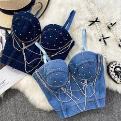 Fashion Diamond Tassel Strapless Bra Denim Vest Shirt Women Sexy Nightclub Dance Cowboy Camisole Jeans Cropped Top Ropa Mujer