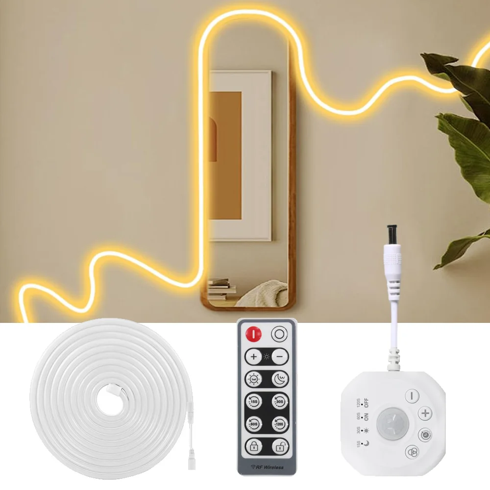 12V PIR Motion Sensor Warm White Neon LED Strip 1m 2m 3m 4m 5m Waterproof Dimmable DIY Room Party Decor Light IR Remote Control