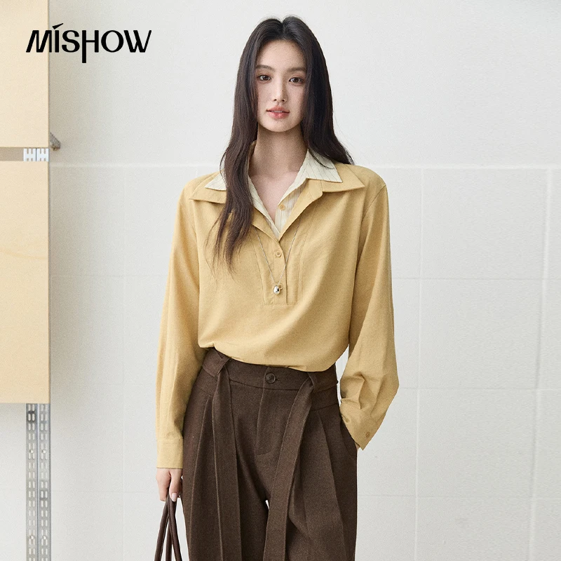 MISHOW Women's Fake‑Two‑Piece Shirt Autumn Contrast Striped Double‑Layer Collar Shirts Commuter Fashion Casual Tops MXF45C2577