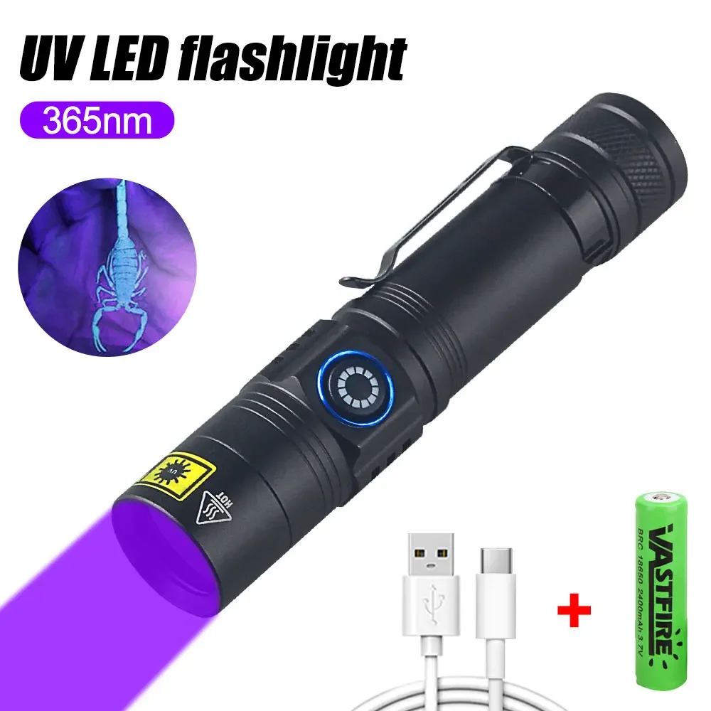 365nm LED UV Flashlight Blacklight Scorpion 5W UV Light Pet Urine Detector Zoomable Ultraviolet 18650 battery Camping Lighting