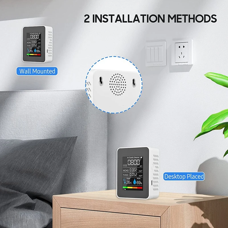 5 In 1 Air Quality Monitor TVOC HCHO Temperature Humidity CO2 Meter, USB Rechargeable CO2 Detector