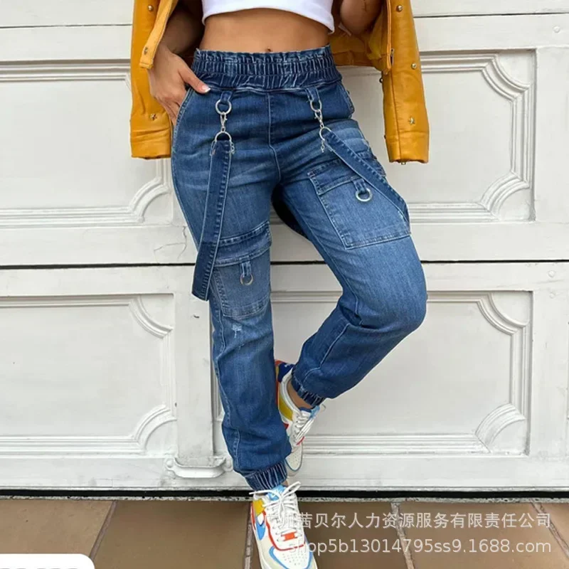 Denim Suspender Jumpsuit Women O-Ring Decor Pocket Strappy Jeans Elastic Waist Pants Straight Trousers Pant Casual Blue Capris