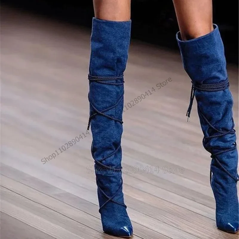 Navy Blue Patchwork Patent Leather Pointed Toe Boots Back Zipper Women Shoes Thin High Heels New Runway 2023 Zapatos Para Mujere