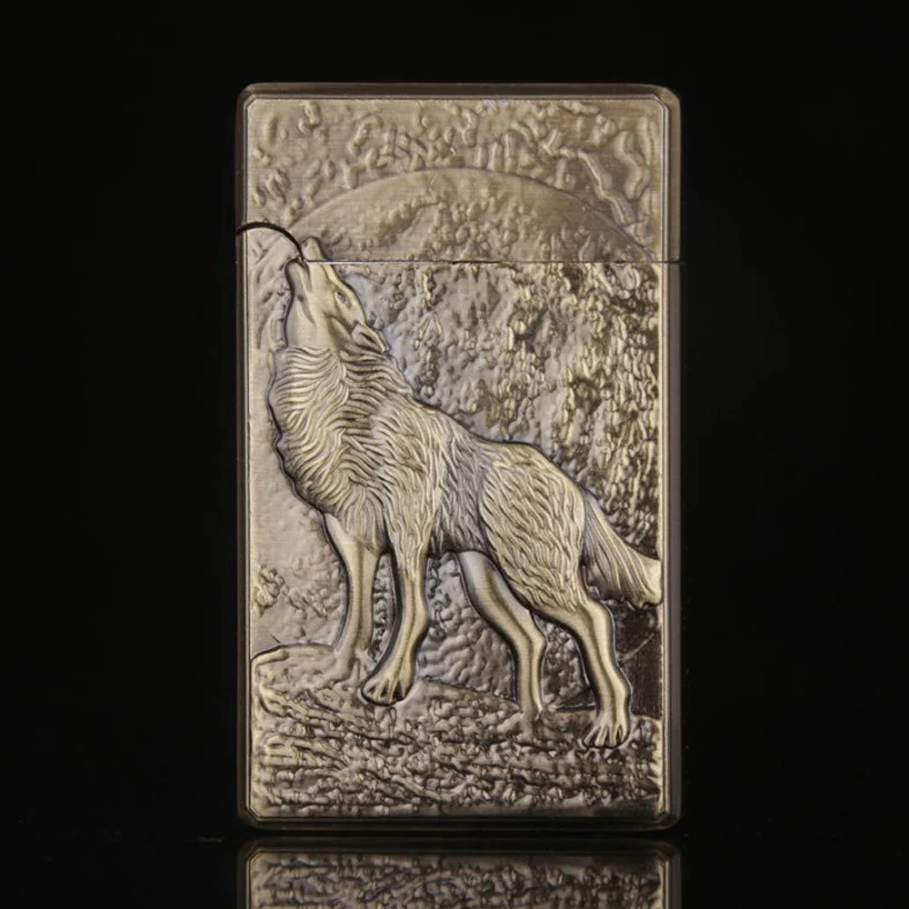 Vintage Collection Engraved Wolf Metal Lighter Butane Cigarette Accessories Windproof Refillable Gas Jet Lighter Gadget Men Gift